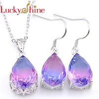 luckyshine hot sale elegant jewelry gift silver necklace watermelon tourmaline gorgeous charm earrings pendants 2 pcs1sets