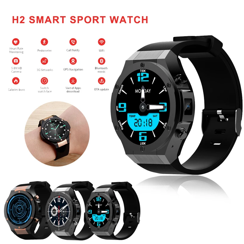 H2 android ios 1G+16GB Smart watch 1.39 inch mtk6580 SmartWatch phone 3G wifi GPS 5M heart rate nano SIM GSM For Men Ladies | Электроника