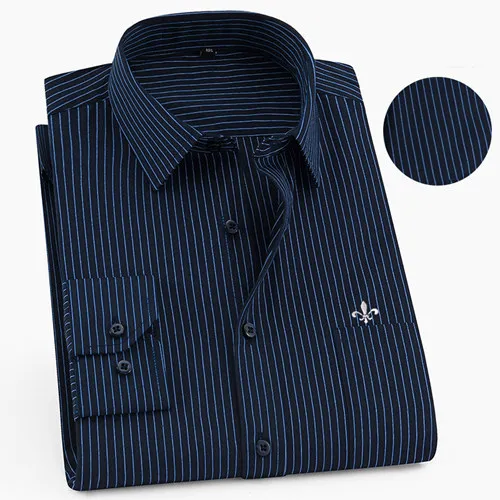 Мужская рубашка с длинным рукавом Camisa Social Masculina, классические мужские рубашки, официальная деловая рубашка с вышитым логотипом - Цвет: 1-506NAVY-T