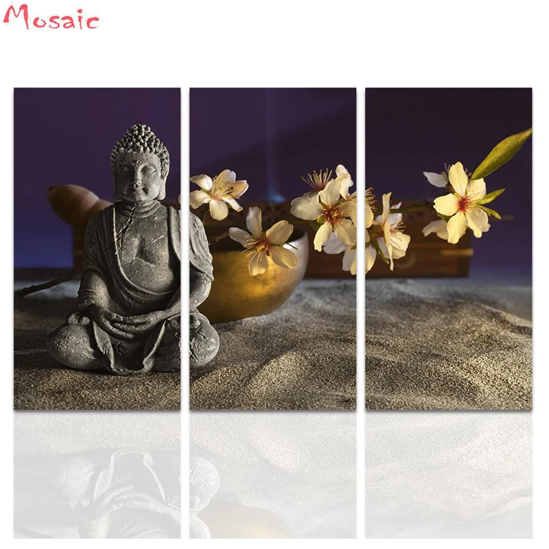 diamond embroidery diy diamond painting 3 Pieces Buddha Wall Art Buddha Statue with Abstract white Flowers