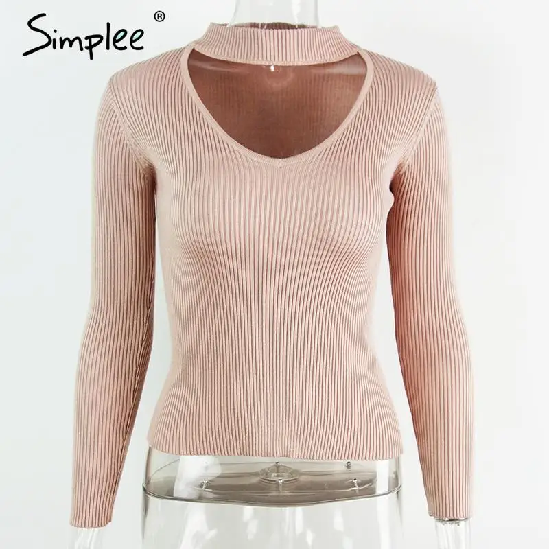 Nude Pink Simplee Элегантный Холтер вязаный свитер осень зима белый короткий пуловер женщин топы тонкий V шеи черный джемпер свободного покроя тянуть Femme - Цвет: Nude Pink