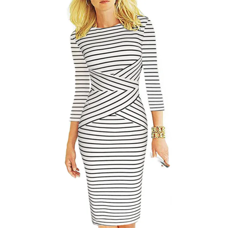 Миди платье в полоску для женщин 2019 офис элегантное с тонкой талией 3/4 рукав по