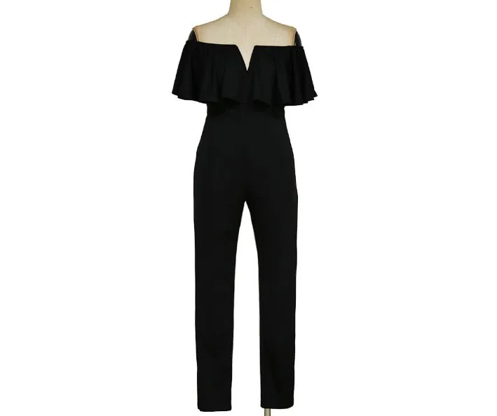 

2021 European Lady Sexy Slash Neck Off the Shoulder Ruffles Slim Long Pants One Piece Jumpsuits Rompers Clothes