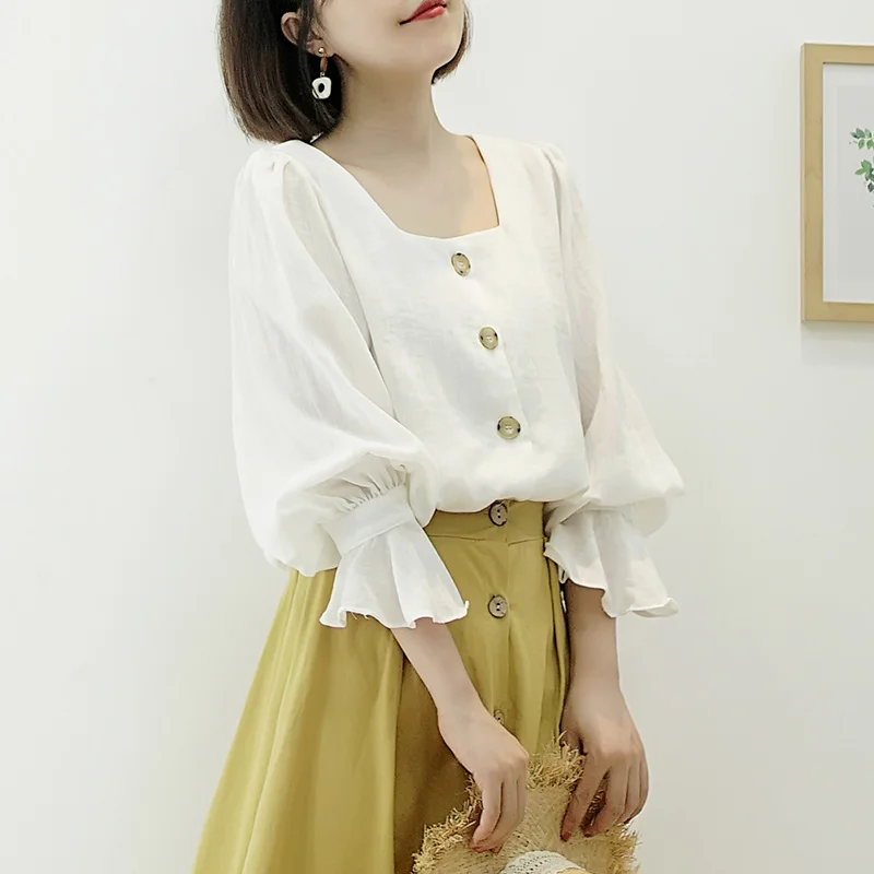 Женская рубашка с квадратным вырезом и длинным рукавом однотонная Элегантная