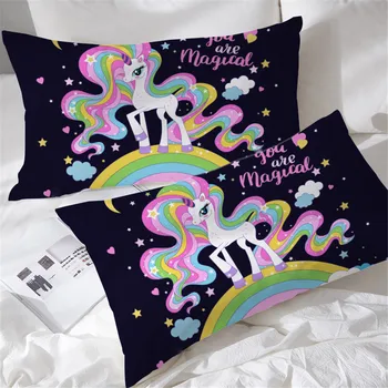 BlessLiving Lovely Unicorn Pillowcase Rainbow Hair Pillow Case Love Music Kids Cartoon Pillow Cover Colorful Hearts Bedding 3