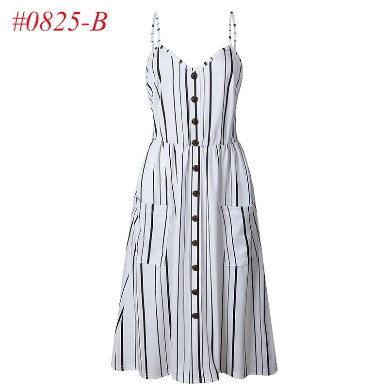 Женские сексуальные летние платья, Boho, плюс XXXL, без рукавов, на пуговицах, в полоску, сплошное, миди платье, сарафан с карманами - Цвет: 0825 White Stripe
