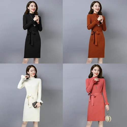 Woman Dress 2019 New Autumn Winter Long Lseeve Sweater Medium Solid Slim Pencil Ladies Casual Knit Vintage Robe | Женская одежда