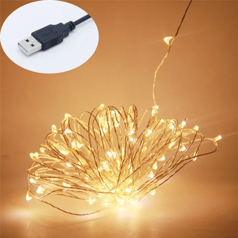 Водонепроницаемый 10 м 33 фута 100 Led USB Открытый медный провод гирлянды Огни