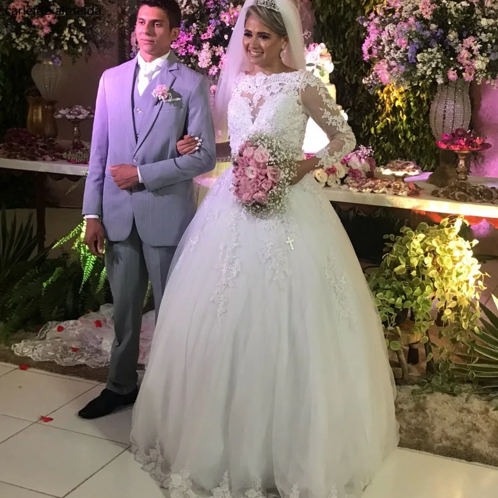 Vestido de noiva одежда с длинным рукавом бальное платье свадебное кружевом жемчугом