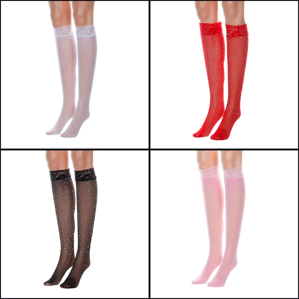Модные однотонные женские сексуальные сетчатые кружевные чулки из спандекса до