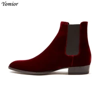 handmade top quality velvet vintage men cow leather shoes ankle boots formal business pointed toe slip on chelsea boots red