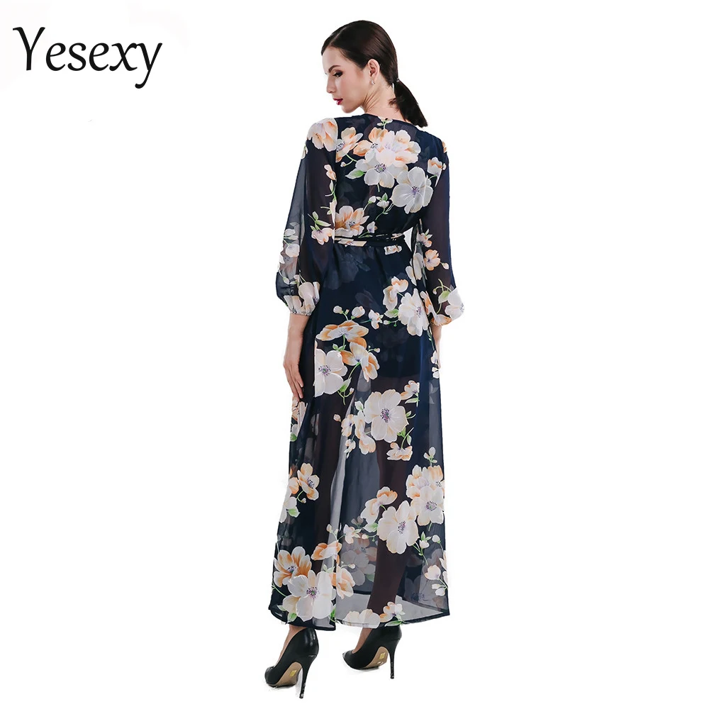 Yesexy 2018 Сексуальная Глубокий V с длинным рукавом печать плащом playsuit