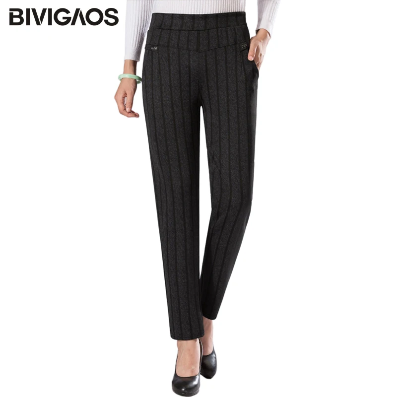 

BIVIGAOS Spring Autumn Striped Plaid Printing Middle Aged Women's Casual Pants Simple Black Large Trousers Mom Pants