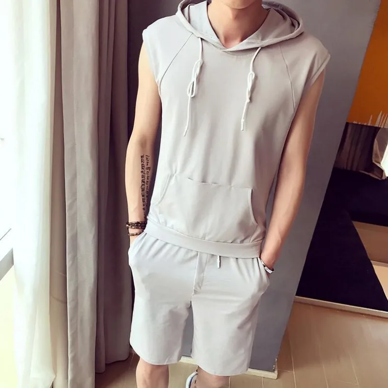 

Mans Fashion Clothes Suit Sleeveless Solid Pullover Hooded Packets Casual T-Shirt Shorts For Men Comfortable Half Pants Sets