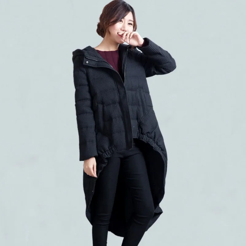 Женский длинный пуховик с капюшоном черный теплый на белом утином пуху Размеры