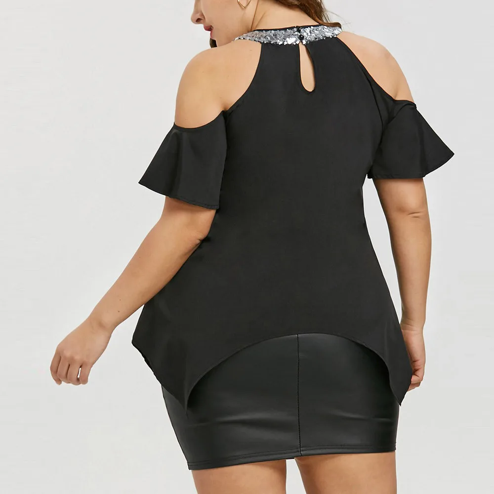 Летние женские топы и блузки размера плюс 5XL, туника с открытыми плечами и блестками, женская одежда с коротким рукавом, женская блуза