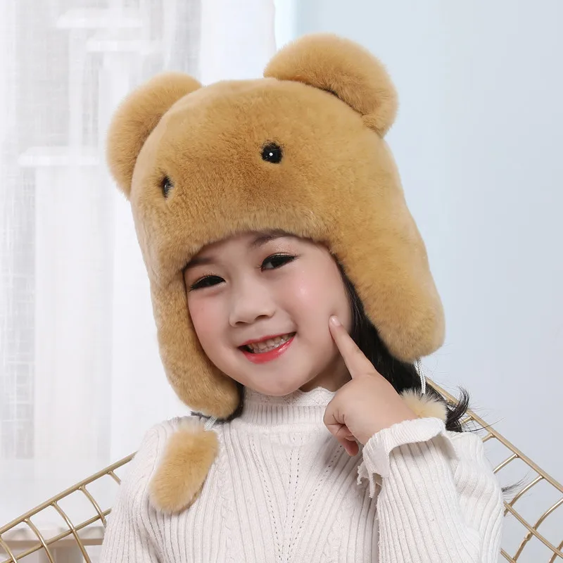Russia New Boys Girls Real Rex Rabbit Fur Hat Children Warm Winter Fur Hat Caps Bomber Hats