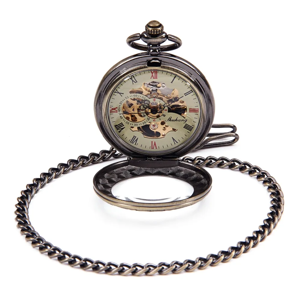 Antique Bronze Tone Clock Transparent See Though Case Steampunk Skeleton Mechanical Pocket Watch For Men Gifts reloj de bolsillo | Наручные