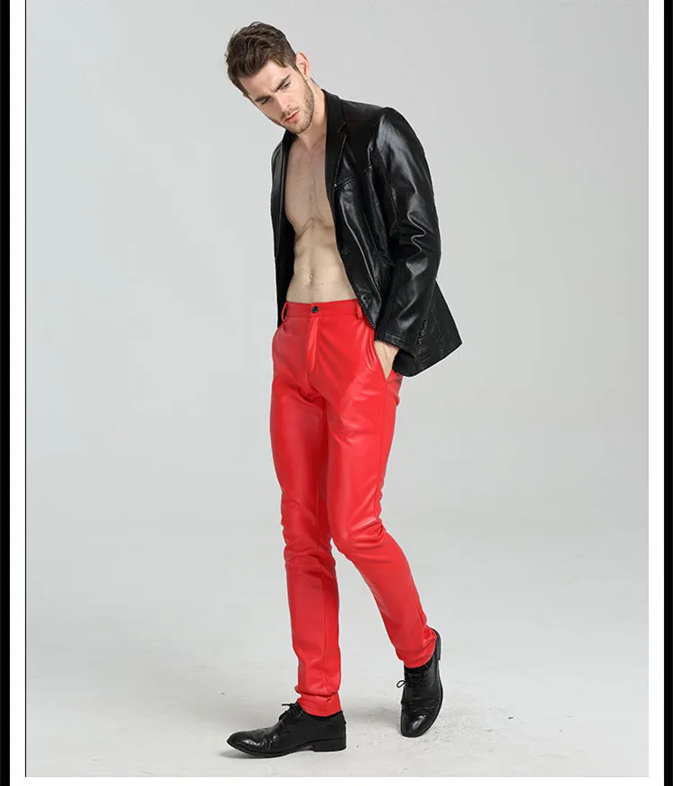 Брюки Карандаш мужские из ПУ кожи красные синие белые|pu leather pants men|leather menfashion trousers |