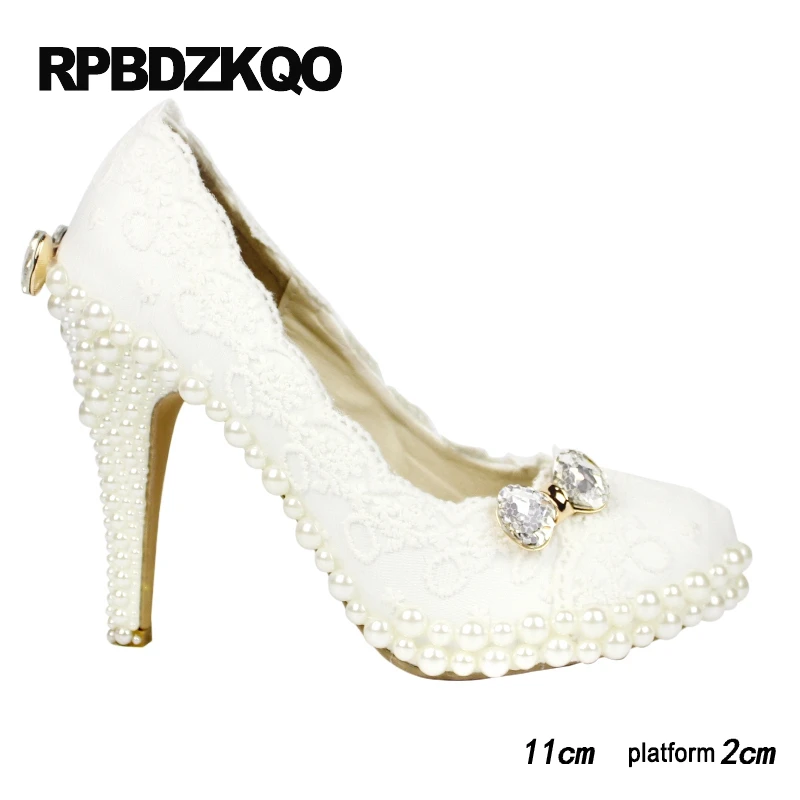 свадебный высокие каблуки Плюс размер насосы стилет кристалл белый жемчужный