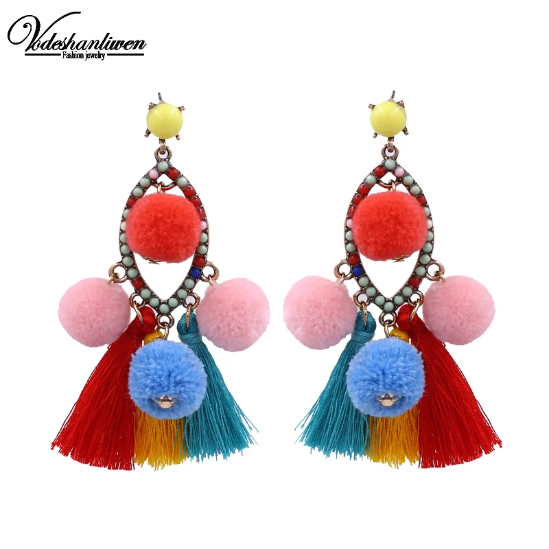 

Vodeshanliwen Bohemian Handmade Cotton Ball Tassel Statement Earrings For Women Fashion Jewelry Fringed Drop Dangle Earrings