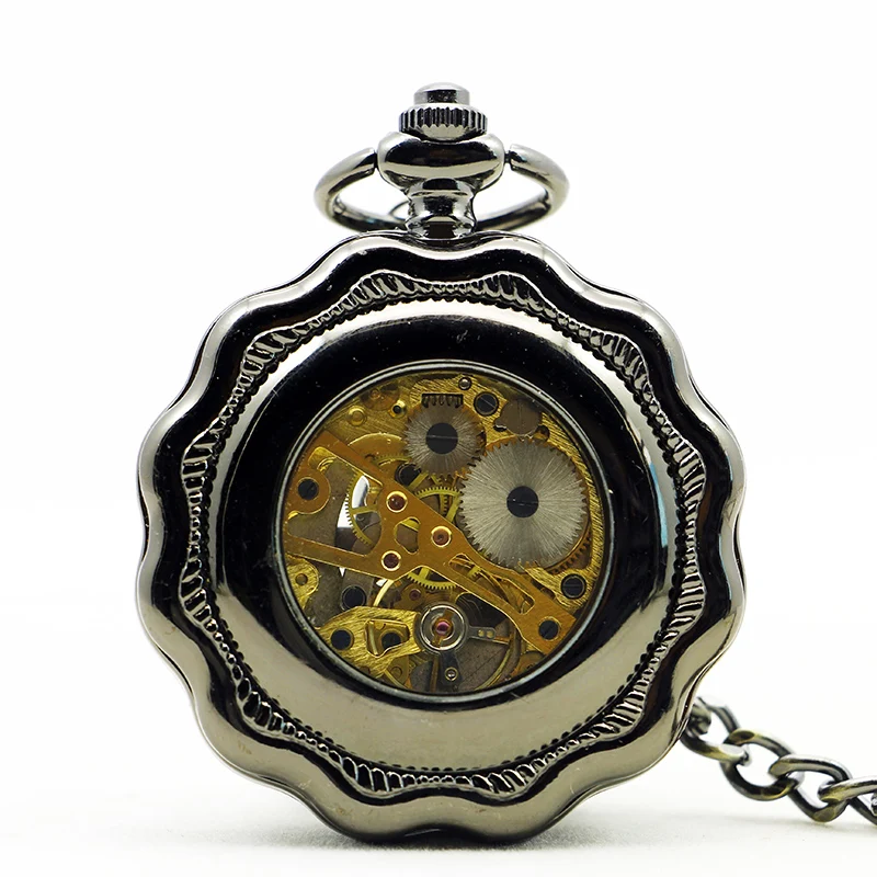 Specially Designed Flower Shaped Hollow Mechanical Pocket Watch with Black Retro Hand Wound Fob Chain Men's Watch