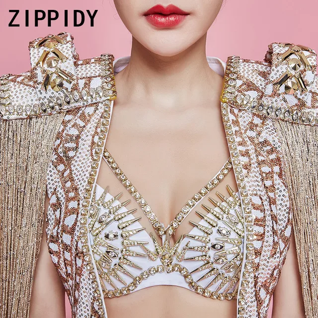 Gold Sequins Epaulet Fringes Costume Bra High Waist Short Female Singer Stage Dance Performance Wear Show Top Bottom Set 5