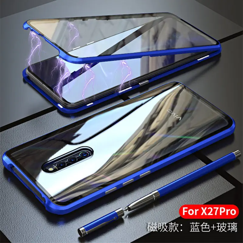 Роскошный Магнитный чехол для VIVO X27 Pro, чехол, металлический бампер, Передняя Задняя крышка из закаленного стекла для VIVO X27 X27pro, чехол, coque - Цвет: Blue