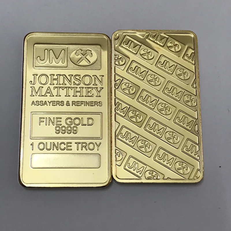 2 шт., не магнитная весовая монета «The Johnson Matthey JM», 1 унц., латунный сердечник, 24 к, позолоченный значок слитка, 50 мм x 28 мм, декоративная панель