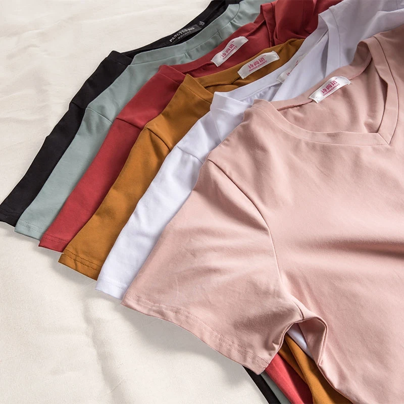 

Hot 2020 Summer T Shirt Women Basic T-shirts Female Casual Tops Short Sleeve V-Neck 100% Cotton Tee T-shirt Women Plus size 4XL