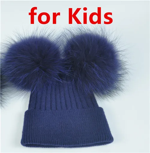 Navy for kids Кашемировая зимняя шапка для детей и женщин, шерстяные шапки для родителей и маленьких мальчиков, теплая вязаная шапка с помпоном, двойная настоящая меховая шапка с вязаным помпоном - Цвет: Navy for kids