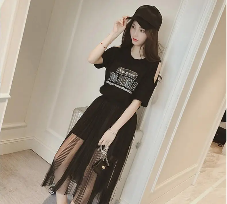 

Summer O Neck Women's Sets Letter Printed 2 Pieces Set Crop Top And Skirt Mesh Elastic Waist Two Piece Set Women Clothes