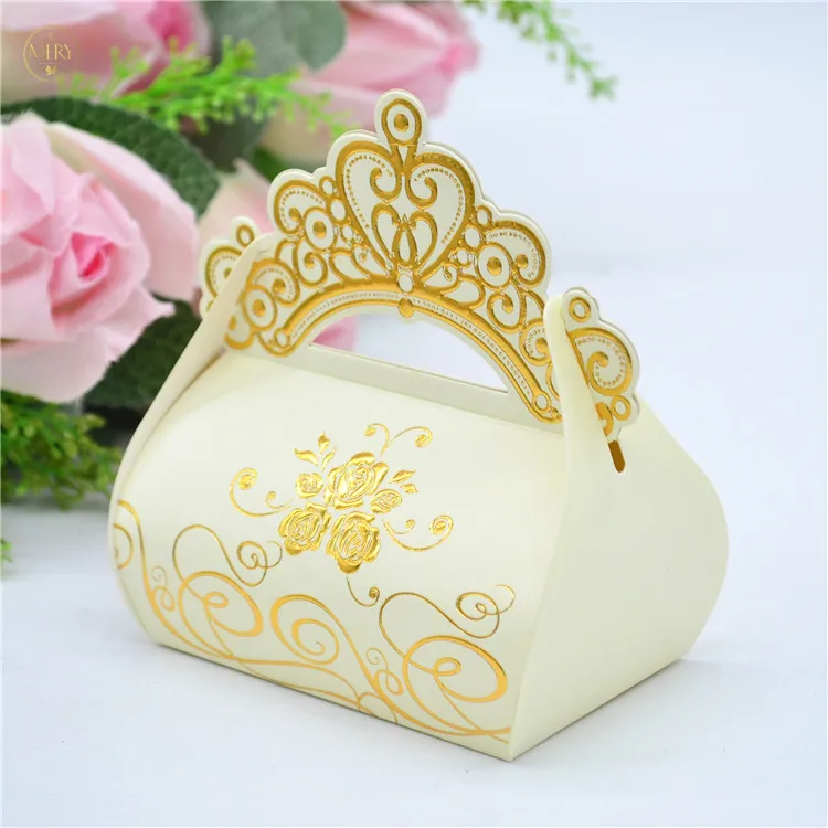 

Gold foil crown luxurious wedding candy boxes ivory