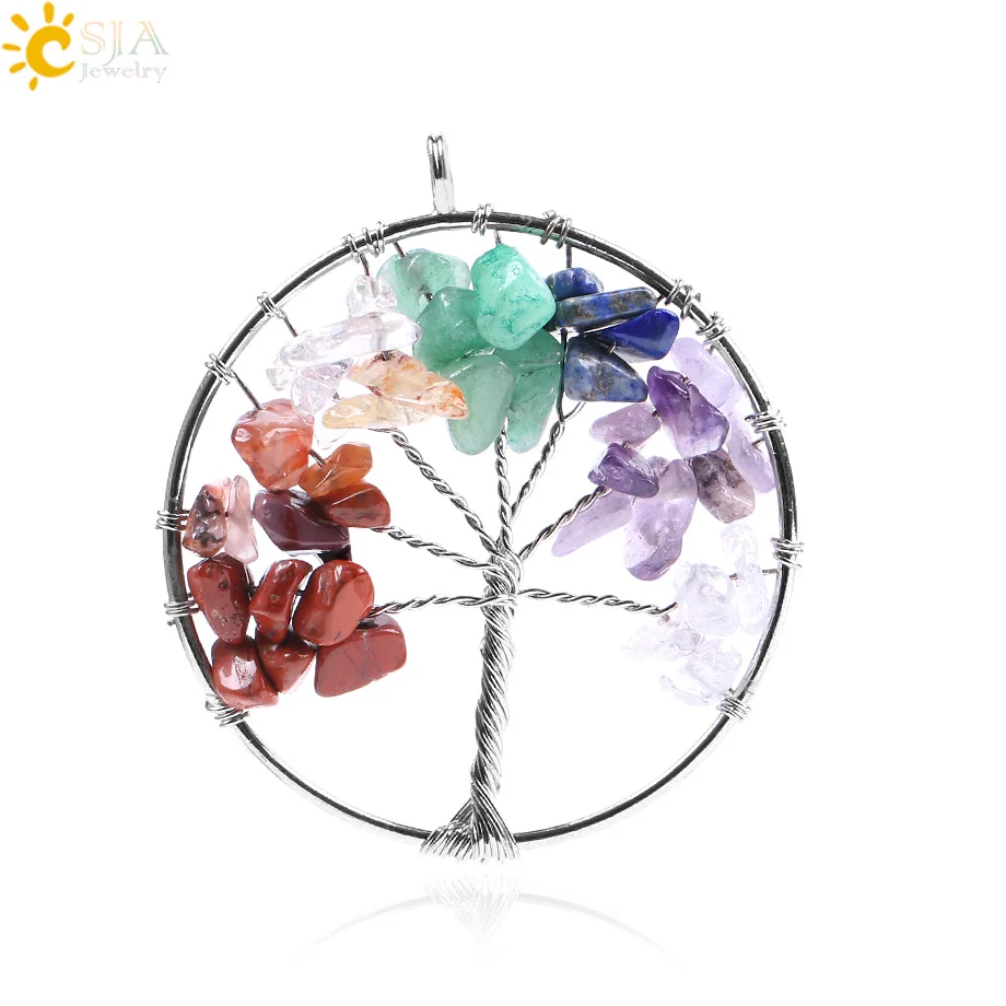 CSJA Wisdom Life Tree натуральный драгоценный камень подвесной рейки лечебный Кристал, кварц чип шарик Радуга ручной работы ювелирные изделия подарок для женщин E055