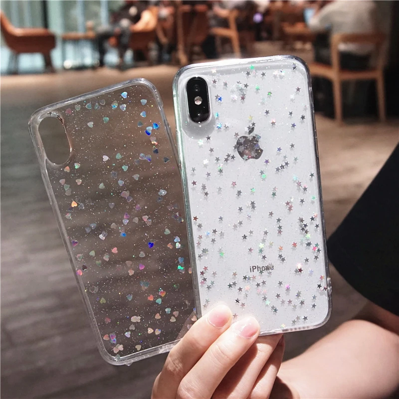 Прозрачный блестящий чехол для телефона с порошковыми звездами iphone X XS Max XR