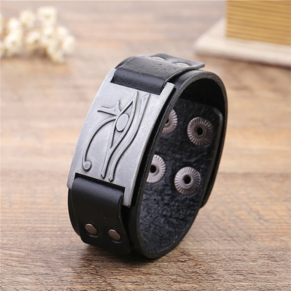 Dawapara Antique Silver Eye Of Horus Sigil Wide Cuff Wristband Punk Leather Bracelets &amp Bangles | Украшения и аксессуары