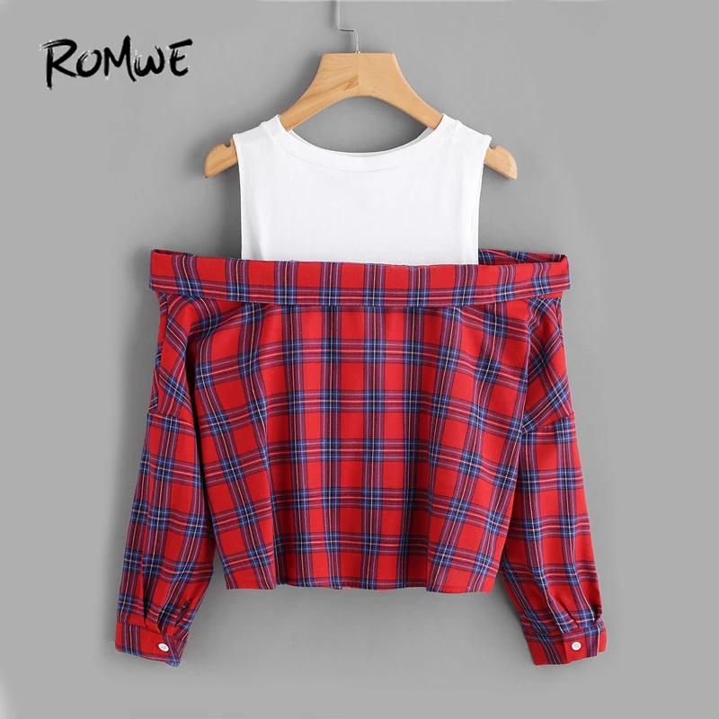 ROMWE рубашка 2 в 1 с открытыми плечами, туника, модная блузка, женская красная Клетчатая блуза на пуговицах, осень, блуза с длинным рукавом и отворотом