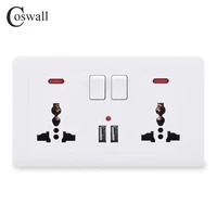 coswall wall power socket 2 gang universal 3 hole switched outlet with neon 2 1a dual usb charger port led indicator 146mm86mm