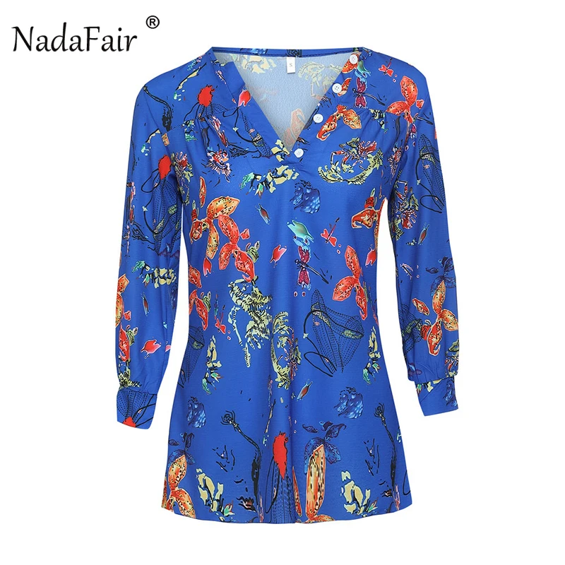 Nadafair Chinese Style Loose Print Three Quarter Blouses Women 2018 Autumn Fashion Casual Holiday Sexy V Neck Button Tops |