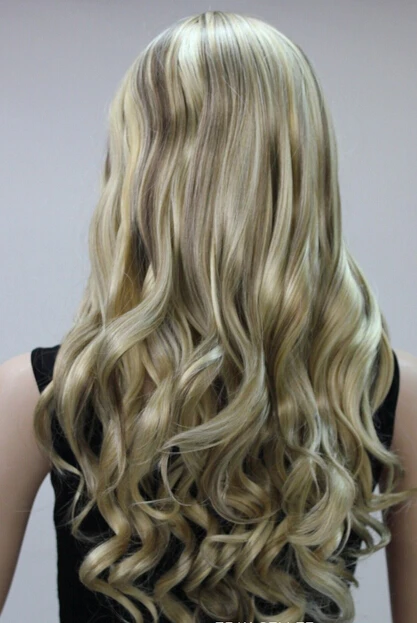 zhanglei209++Blonde + Brown Mixed Long Wavy Women Ladies Daily wig Bangs |