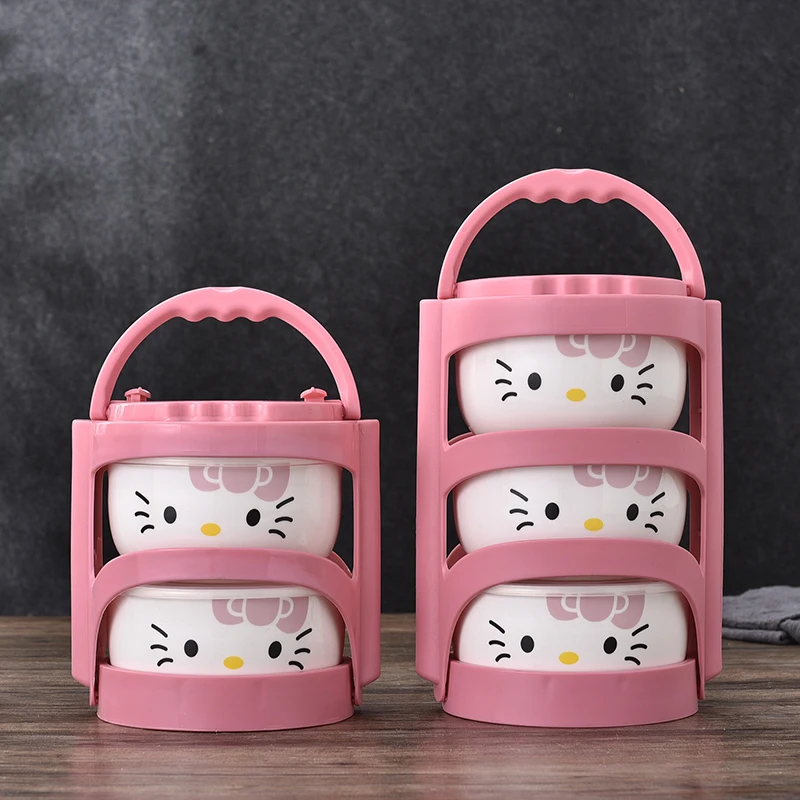 Рисунок «Hello Kitty» коробка 4 шт./компл. Портативный Керамика Коробки для обедов с изоляционные мешки термос для Еда детская Коробки для обедов Еда контейнер для хранения