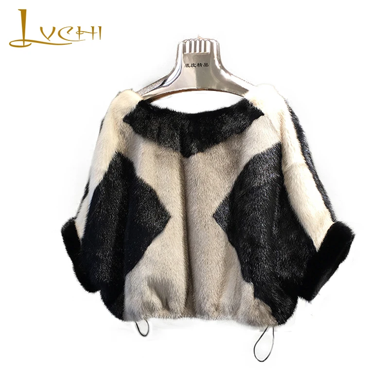 

LVCHI 2019 Real Mink Fur Coats Women's Coat Full Pelt Causal Half Batwing Sleeve Pullover Contrast Color Slim Mink Fur Coats
