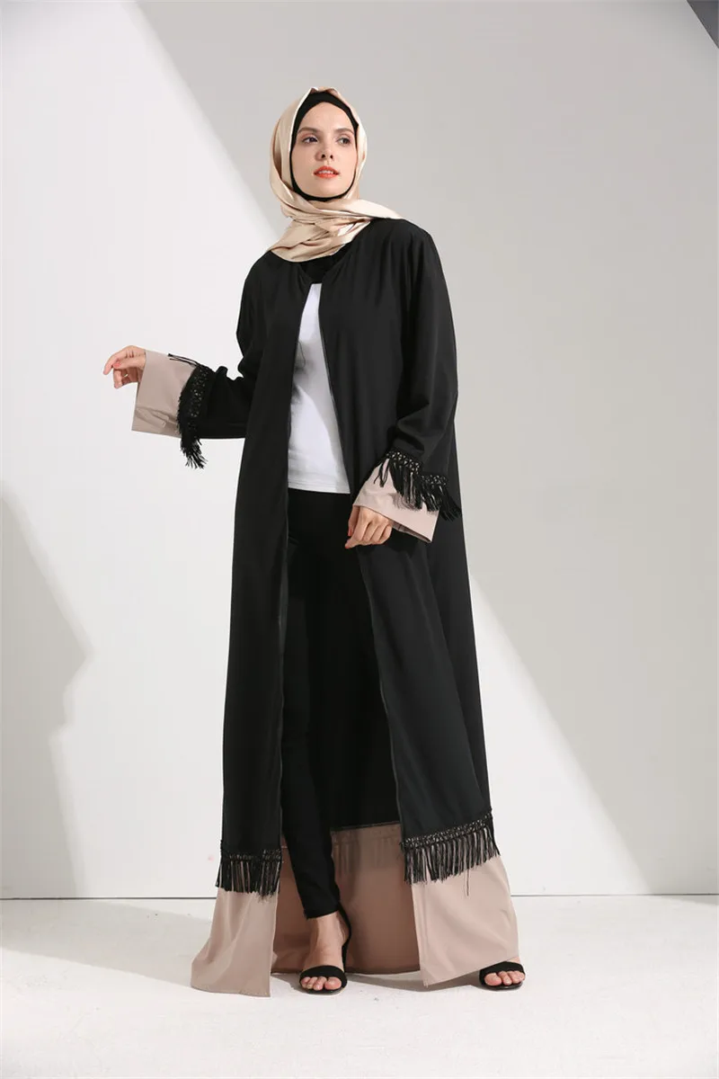 Черное женское болеро с кисточками Abaya в Дубае мусульманское пальто длинная