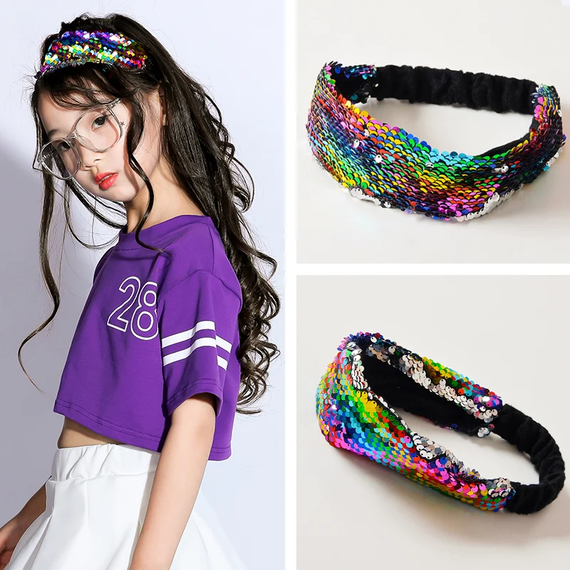 

Повязка на голову детская, с блестками, в стиле хип-хоп, украшение на голову для танцев