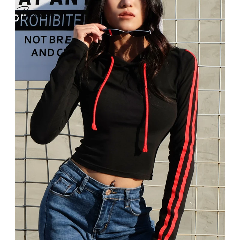 

Rockmore Black Bodycon Hooded Women Hoodies Pullover Long Sleeve Skinny Contrast Color Cotton Pullovers Femme Sweatshirts Autumn