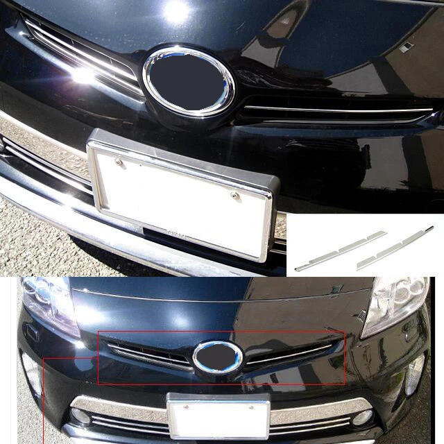 SUS304 الفولاذ المقاوم للصدأ الجبهة الشواية الكسوة العلوي غطاء سيارة التصميم اكسسوارات لتويوتا بريوس ZVW30 2012-2015