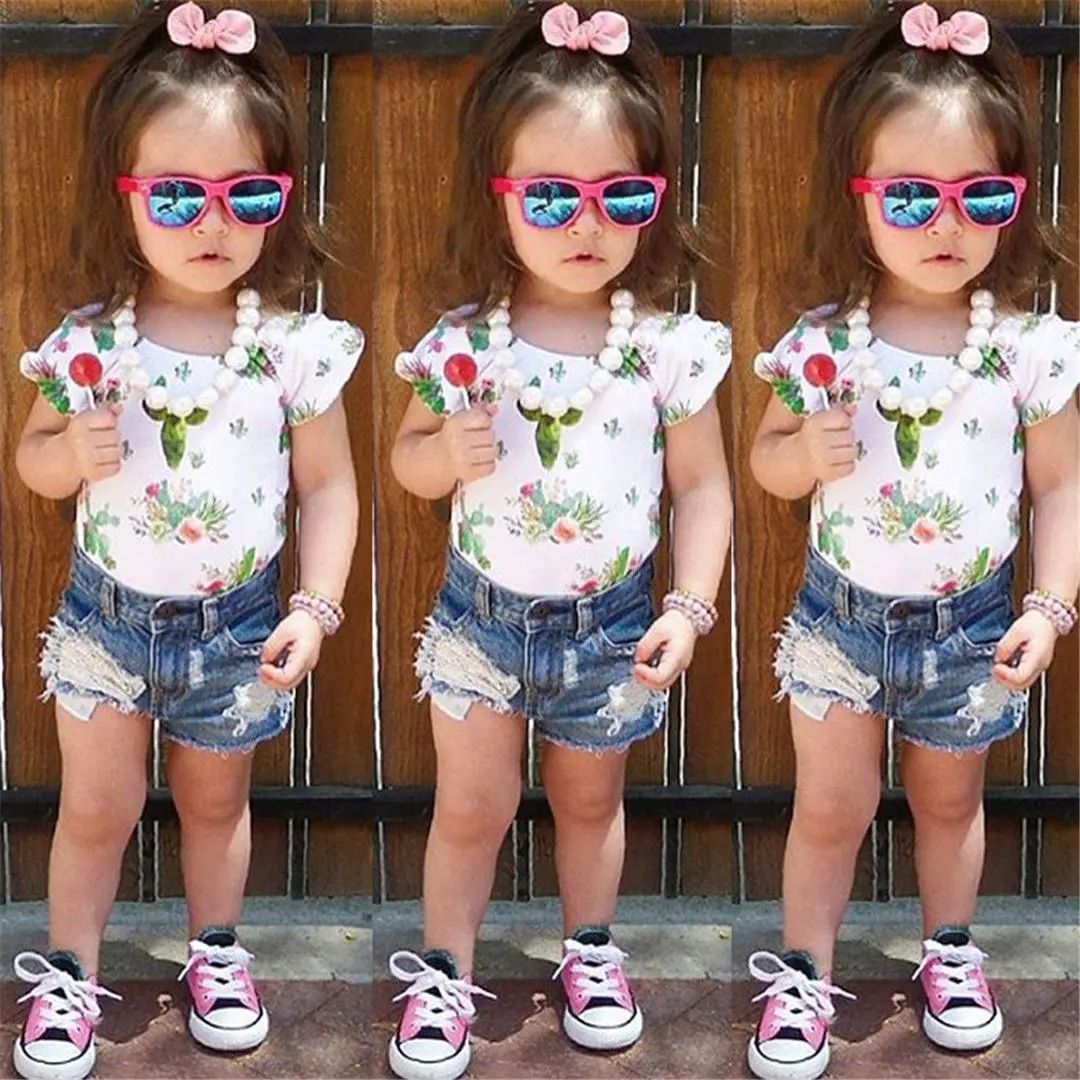 Летняя одежда для маленьких девочек 2 шт. топы с принтом цереус футболка рваные