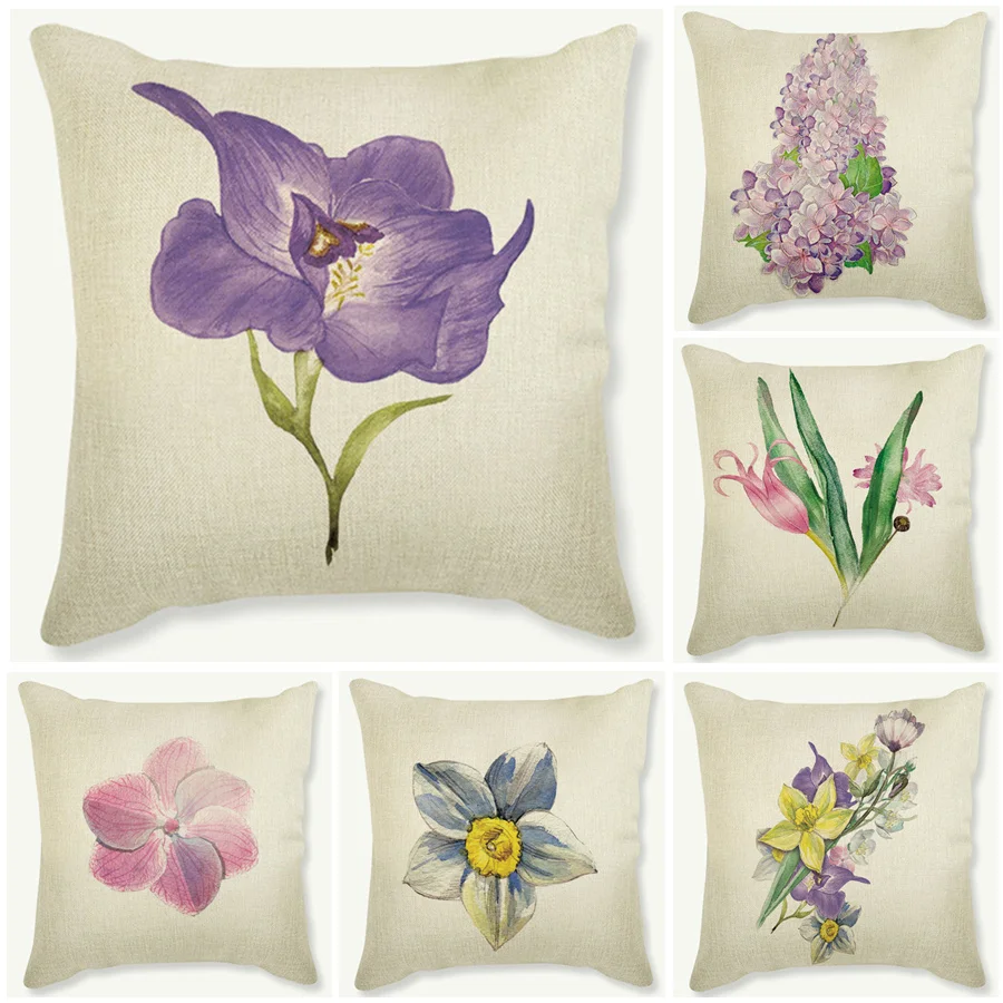 Чехол для подушки с фиолетовым цветком акварельная живопись цветами чехол