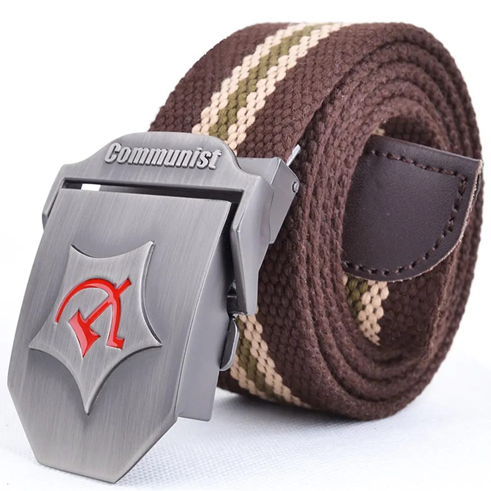 Style1 Coffee Stripe Новинка, мужской ремень с автоматической пряжкой, уплотненные холщовые ремни, Коммунистический военный ремень, армейские тактические ремни, высокое качество, ремень 110, 140 см - Цвет: Style1 Coffee Stripe