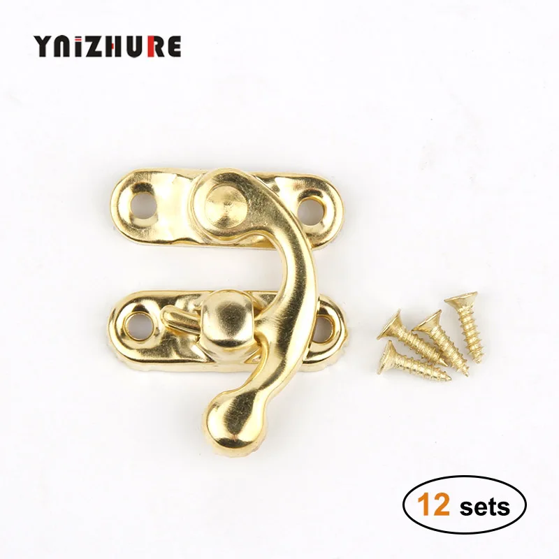 YNIZHURE, 12 шт., 34x28 мм, античная бронза, железный навесной замок, крючок, замок для мини ювелирных изделий, деревянная коробка с винтами, мебельная фурнитура - Цвет: Золотой
